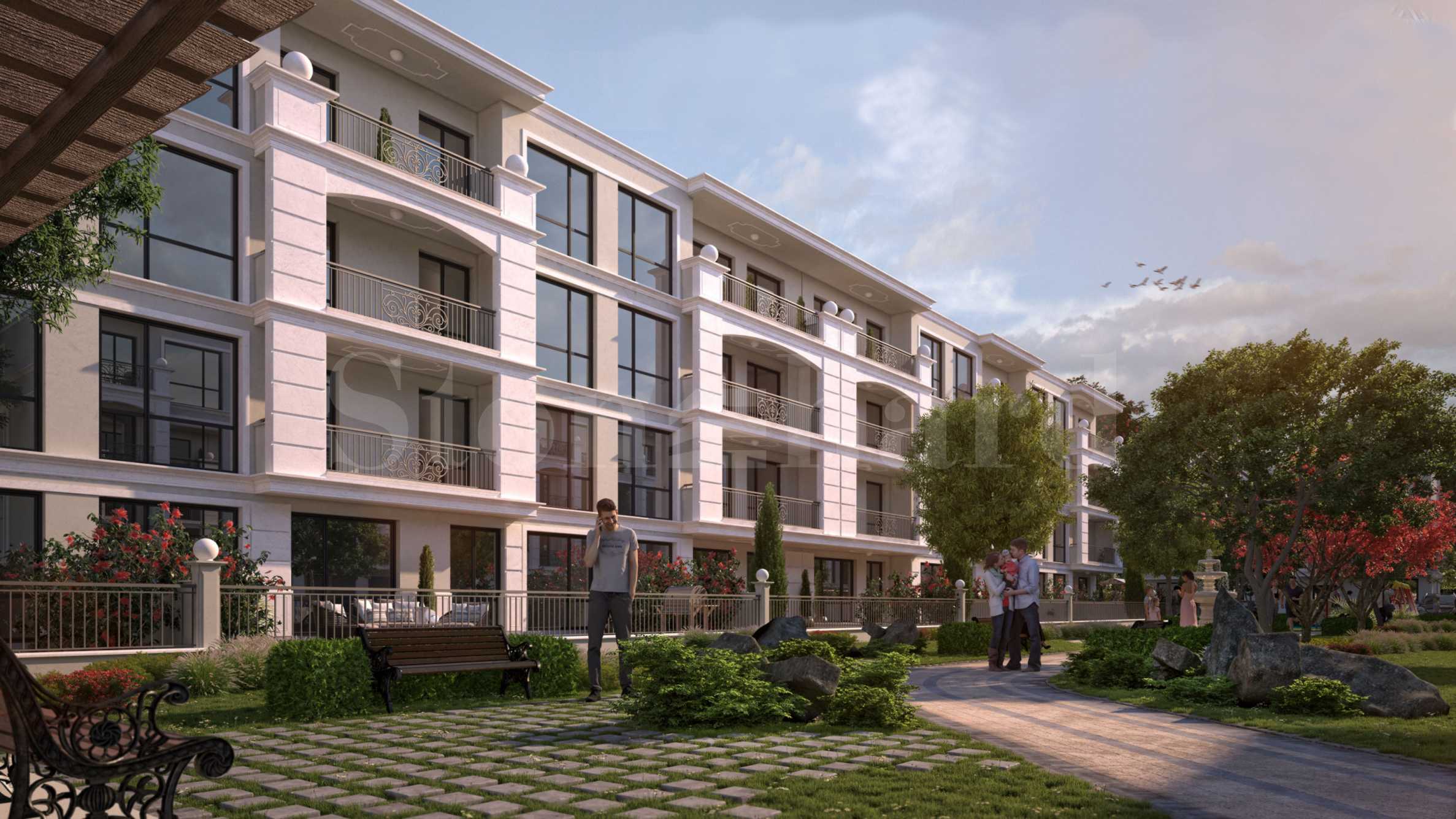 Apartments in a new complex with a large landscaped yard near the park 