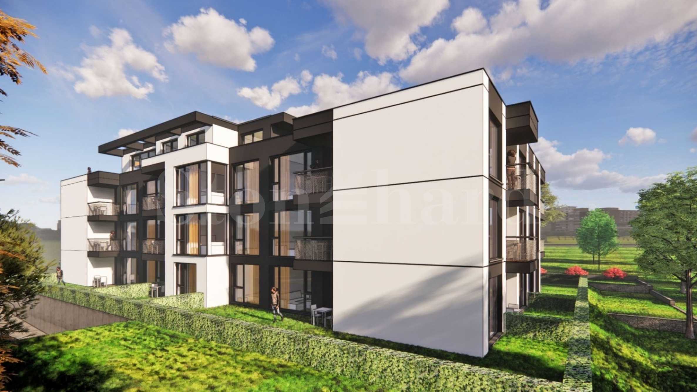 New residential building with different types of apartments in the 