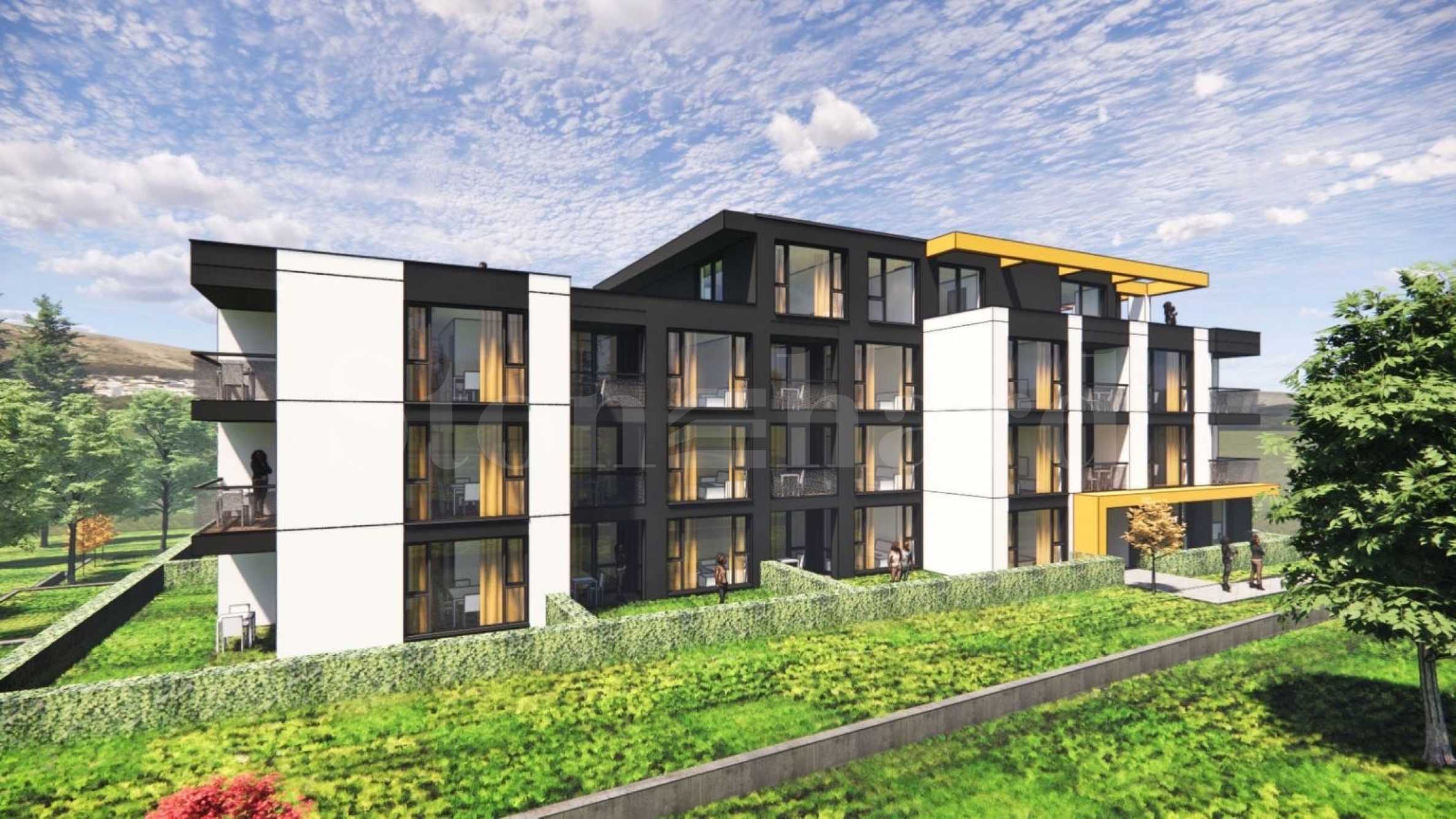 New residential building with different types of apartments in the 