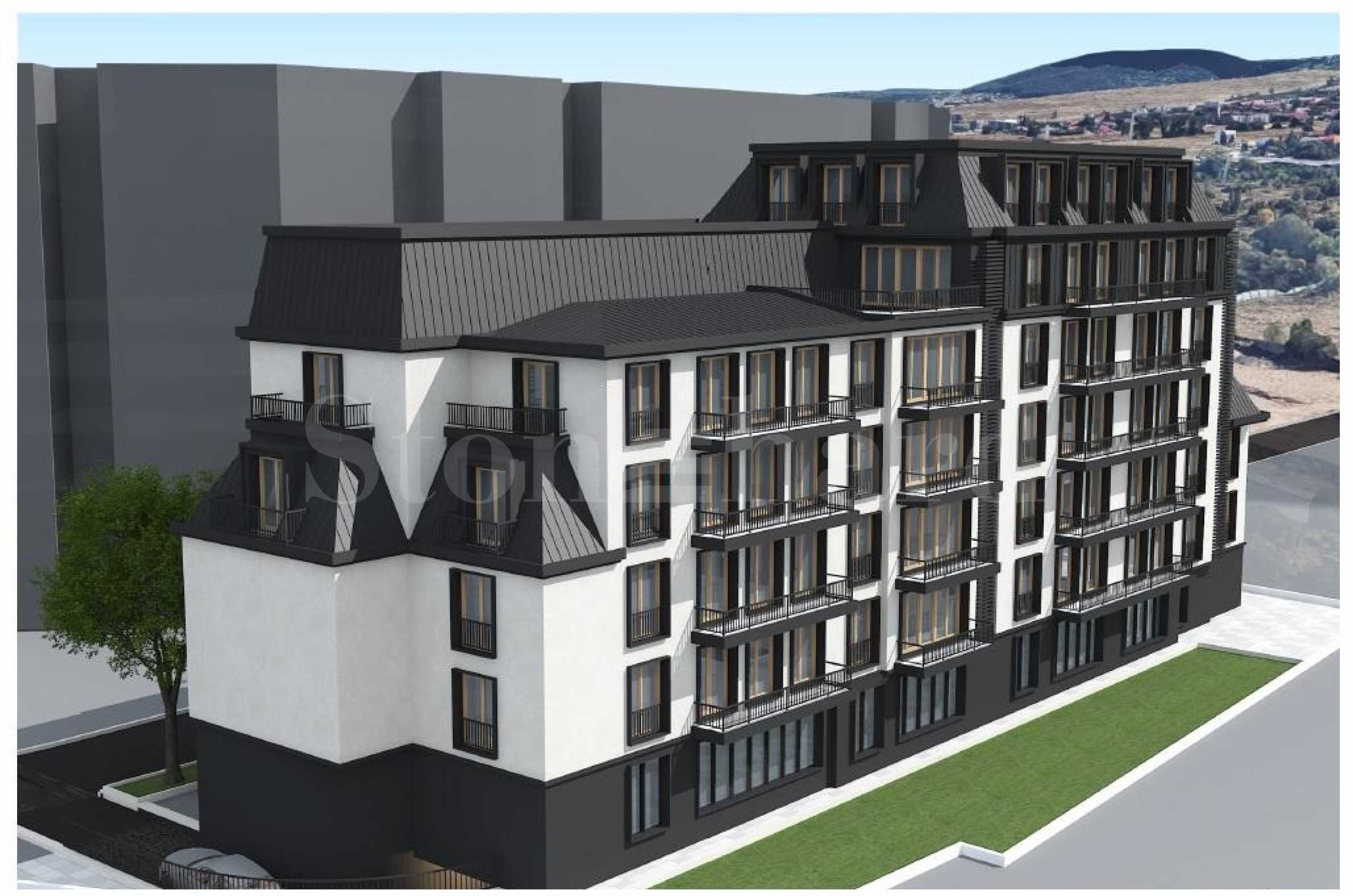 New residential building with different types of apartments in the 