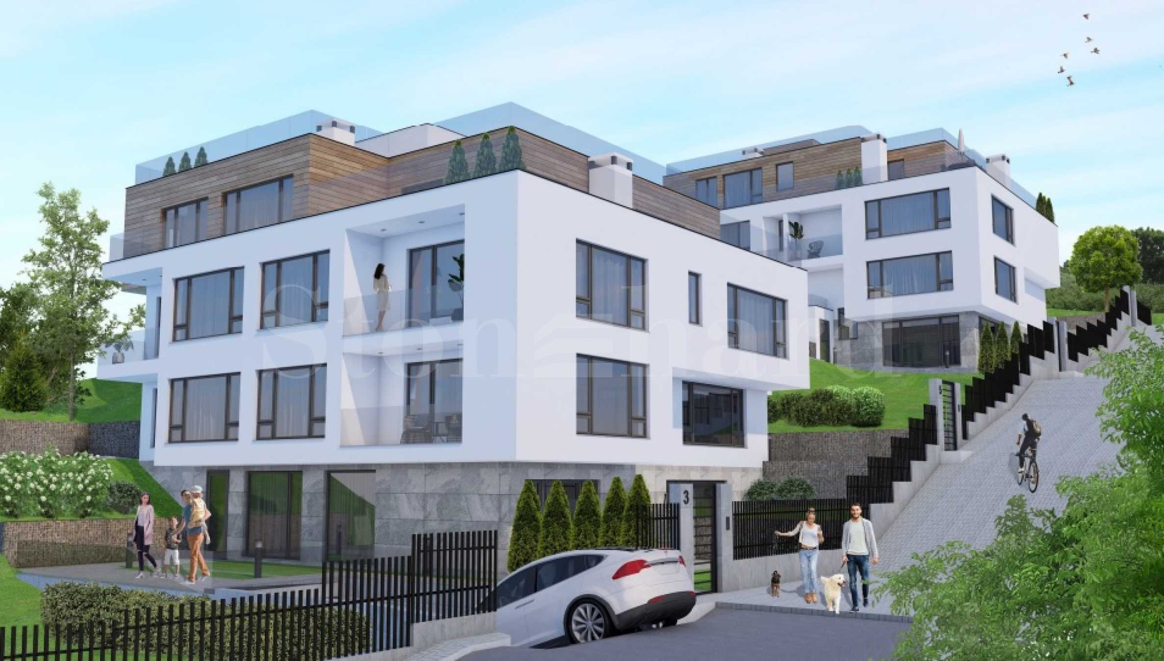 Two multi-family residential buildings with different types of apartments in the 